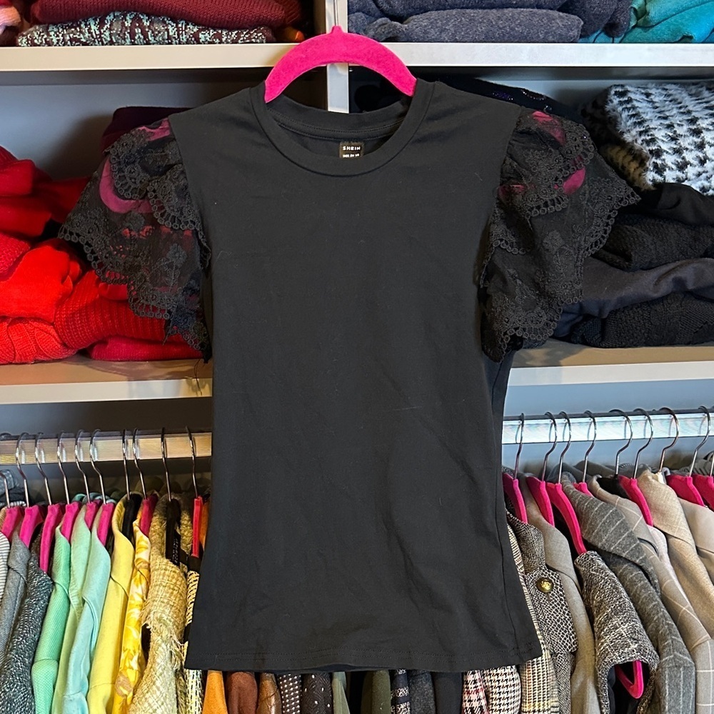 SHEIN black lace flutter short sleeve crew neck top size XS
